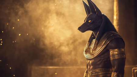 This stunning illustration showcases Anubis, the ancient Egyptian god, with a captivating light background. The rich details evoke a sense of mysticism and reverence.の素材