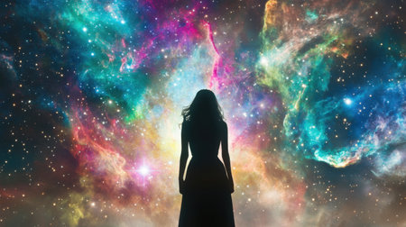 A captivating silhouette of a woman stands against a vibrant cosmic backdrop filled with stars and colorful nebulae, evoking a sense of wonder and exploration in the universe.の素材