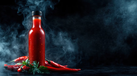 A vibrant chili sauce bottle is surrounded by fresh red peppers, creating a spicy culinary scene. Smoke swirls around, enhancing the dramatic effect.の素材