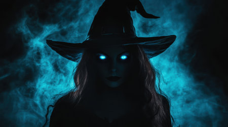 A captivating silhouette of a witch with glowing eyes, surrounded by mysterious smoke. This image evokes themes of magic and the supernatural. Perfect for Halloween or fantasy projects.の素材