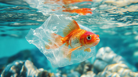 A goldfish swims gracefully inside a plastic bag, highlighting the impact of pollution on marine life. This striking image showcases the urgent need for environmental conservation.の素材