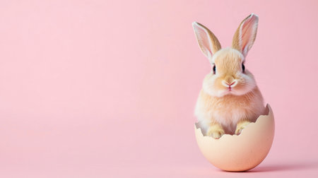 A charming bunny peeks out from a cracked eggshell against a soft pink backdrop, embodying the playful spirit of spring and Easter celebrations.の素材