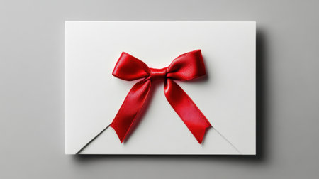 A beautiful white card adorned with a striking red bow, perfect for conveying heartfelt messages on special occasions. Great for any celebration.の素材