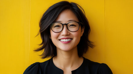 A cheerful young woman wearing glasses smiles warmly against a vibrant yellow background. This portrait captures happiness and confidence, ideal for lifestyle themes.の素材