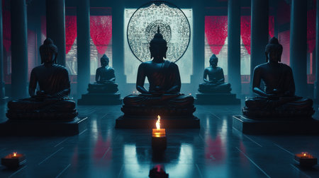 Discover the serene beauty of Buddha statues in a tranquil temple interior, bathed in soft lighting with candles, invoking peace and spirituality.の素材