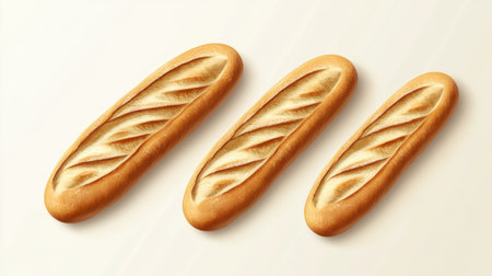 Three freshly baked baguettes featuring a golden crust and inviting texture on a light background, perfect for culinary inspiration and food photography.の素材