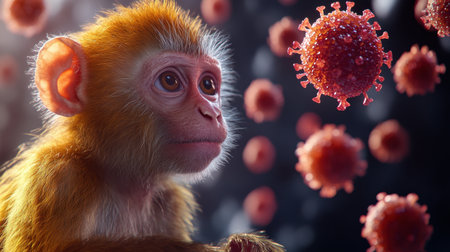 A curious monkey gazes at floating red virus particles, highlighting the intersection of wildlife and health. This image symbolizes the importance of research in understanding infectious diseases and environmental interactions.の素材