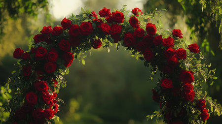 A stunning floral archway made of vibrant red roses creates a romantic ambience in a serene garden setting, perfect for weddings or special events.の素材