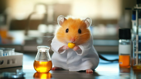 Adorable hamster dressed in a lab coat, holding a yellow ball in its paws, surrounded by laboratory equipment. A charming blend of science and cuteness!の素材