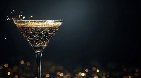 A mesmerizing cocktail in an elegant glass, featuring sparkling bubbles and a glamorous gold hue against a soft bokeh background, perfect for celebrations.の素材