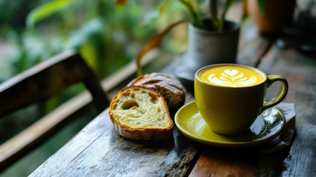 A cozy scene featuring a vibrant green coffee cup with latte art, paired with fresh baked bread, set on a rustic wooden table in a warm atmosphere.の素材