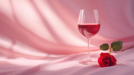 An elegant setting features a glass of red wine beside a beautiful rose, all against a soft pink backdrop, perfect for romantic occasions or special celebrations.の素材