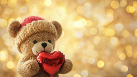 A cute teddy bear wearing a cozy hat holds a bright red heart, creating a warm and affectionate scene against a golden bokeh background. Perfect for expressing love and warmth.の素材