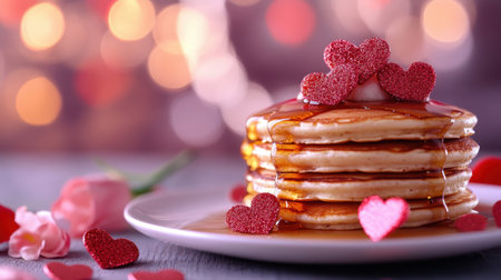 A delightful stack of pancakes topped with syrup and heart decorations, perfect for a romantic breakfast or festive celebration. Ideal for Valentine's Day themes.の素材
