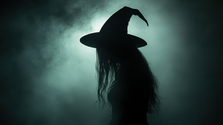A captivating silhouette of a witch wearing a tall hat, shrouded in ethereal smoke against a dark background. The image evokes mystery and enchantment.の素材