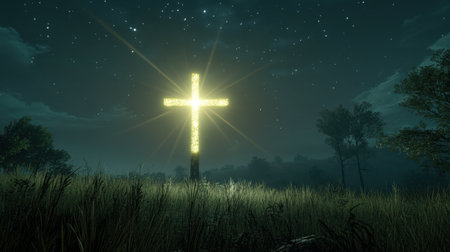 A captivating illuminated cross stands tall in a tranquil landscape under a starry night sky. The glowing light enhances the peaceful atmosphere, inviting contemplation.の素材