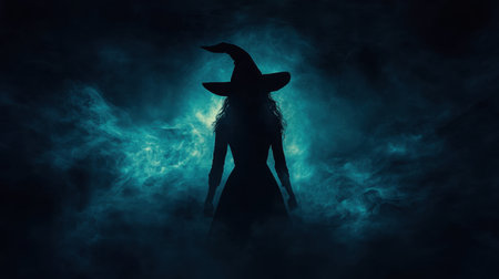 A striking silhouette of a witch stands against a magical glowing fog. The dark atmosphere creates an enchanting and mysterious vibe perfect for fantasy themes.の素材