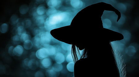 A captivating silhouette of a witch with a pointed hat against a dreamy blue bokeh background. Perfect for Halloween, fantasy themes, or mystic imagery.の素材