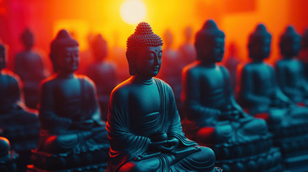 Experience tranquility with a stunning display of tranquil Buddha statues illuminated by a vibrant sunset. This serene scene captures the essence of meditation and spirituality in a visually striking ambiance.の素材