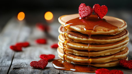 A tempting stack of pancakes drenched in syrup, adorned with heart decorations. Perfect for romantic occasions, cozy breakfasts, and festive brunches.の素材