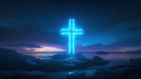 A glowing neon blue cross stands out against the serene ocean and starry night sky, creating a tranquil and spiritual atmosphere perfect for reflection.の素材