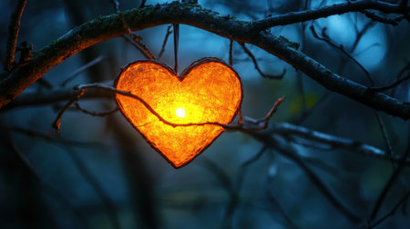 A beautifully crafted heart-shaped light hangs from a tree branch, casting a warm orange glow in a serene twilight setting. Perfect for themes of love and nature.の素材