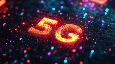 This image showcases a vibrant representation of the 5G network symbol. Bright particles create a dynamic backdrop, symbolizing speed and connectivity.の素材