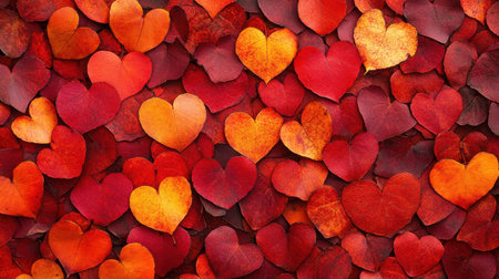 A vibrant background featuring heart-shaped leaves in red, orange, and yellow hues, perfect for themes of love, autumn, and natural beauty.の素材