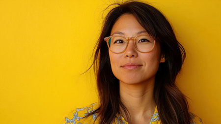 A confident woman with long hair poses against a bright yellow wall, wearing stylish glasses and a cheerful expression, embodying modern beauty and personality.の素材