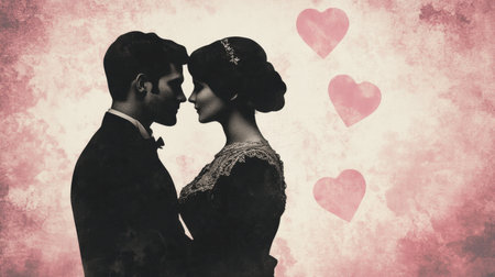 This artistic image features a romantic silhouette of a couple against a soft heart-patterned background. Perfect for capturing the essence of love and intimacy.の素材