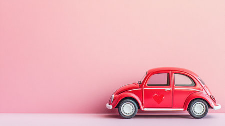 A charming red toy car featuring a heart design, set against a soft pink background. This image conveys themes of love, nostalgia, and playful creativity.の素材