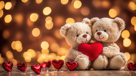 Two adorable teddy bears sitting together, holding a red heart, surrounded by sparkling lights. A perfect symbol of love and affection for any romantic occasion.の素材