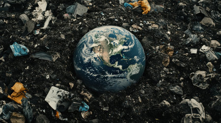 A vivid representation of Earth emerging from a mound of waste, highlighting the urgent environmental crisis. The image conveys the stark contrast between our planet and the pollution surrounding it.の素材