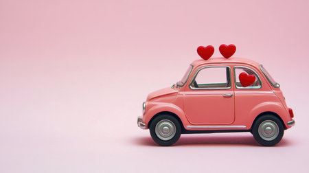 This adorable vintage pink car adorned with red hearts adds a whimsical touch to any design. Perfect for conveying love and celebration themes.の素材