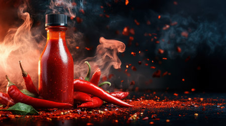 A vibrant bottle of spicy chili sauce surrounded by fresh red peppers and a smoky background creates an enticing culinary scene perfect for food lovers.の素材