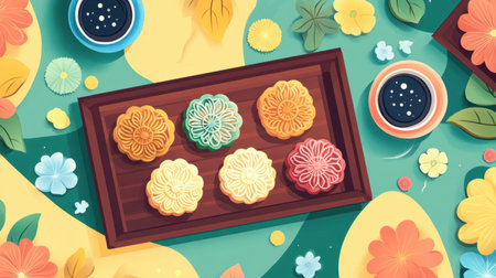 This vibrant image showcases a selection of beautifully crafted mooncakes on a wooden tray, surrounded by colorful flowers and tea, celebrating tradition.の素材