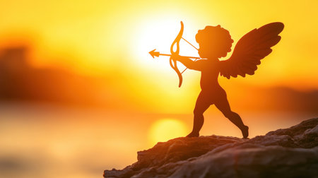A captivating silhouette of Cupid ready to shoot an arrow against a stunning golden sunset. The scene evokes feelings of romance, love, and inspiration.の素材