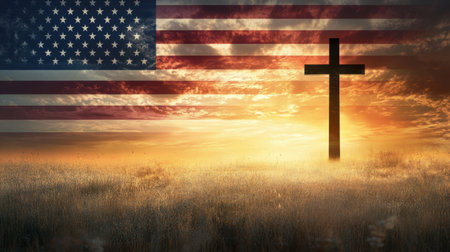A striking silhouette of a cross set against the vibrant backdrop of an American flag and a golden sunset. This image conveys themes of faith, hope, and patriotism.の素材