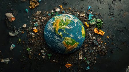 An artistic representation of Earth enveloped in plastic waste, illustrating the pressing issue of pollution and the need for environmental awareness and cleanup efforts.の素材