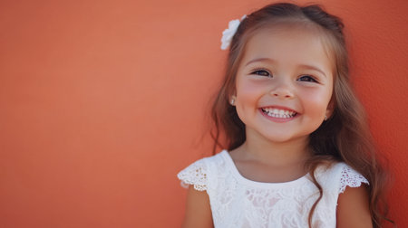 A joyful young girl with brown hair, wearing a white dress, smiles brightly against a vibrant orange wall, radiating warmth and innocence in her expression.の素材