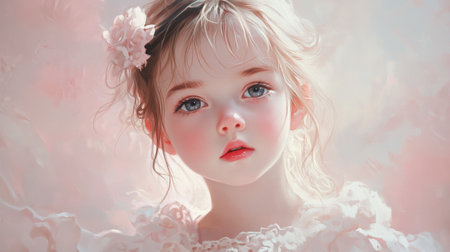 This enchanting portrait captures the beauty and innocence of a young girl, adorned with a delicate floral accessory. Soft lighting enhances her gentle expression and glowing skin, creating a serene atmosphere.の素材