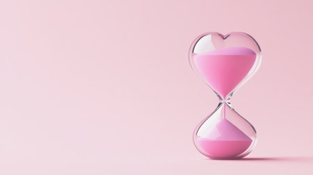 A heart-shaped hourglass filled with pink sand creates a whimsical symbol of love and time. This soft pink background adds elegance and charm. Perfect for romantic themes.の素材