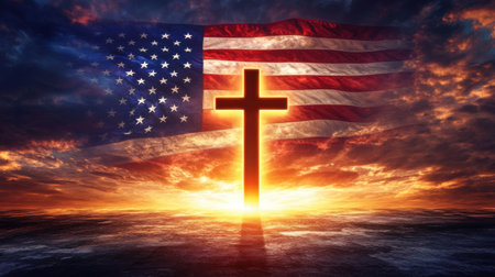 A striking silhouette of a cross stands tall against the backdrop of an American flag and a vibrant sunrise, embodying hope and faith amidst dramatic clouds.の素材