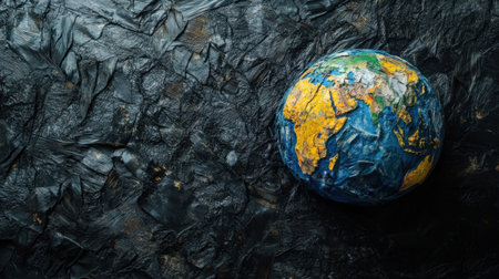Vibrant earth globe showcasing continents on a dark crumpled background. Ideal for educational themes, travel ideas, and environmental awareness projects.の素材