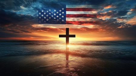 A stunning scene of a cross silhouetted against a vibrant sunset over the ocean, with the American flag blended into the sky, symbolizing faith and patriotism.の素材