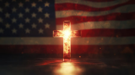 A radiant cross symbol illuminating the darkness, set against the backdrop of an American flag, representing faith, unity, and hope in the nation.の素材