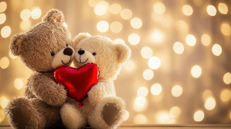 Two adorable teddy bears sit closely, holding a bright red heart balloon against a lovely bokeh backdrop, symbolizing love and affection.の素材