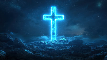 A glowing blue cross stands majestically in a dark night sky, surrounded by rocky terrain. This ethereal scene evokes feelings of peace and spirituality.の素材