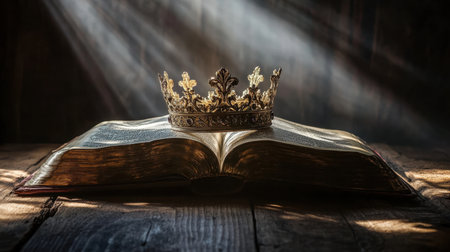 An elegant crown sits atop an open Bible, illuminated by soft rays of light. This composition evokes themes of faith, royalty, and divine wisdom, perfect for spiritual imagery.の素材