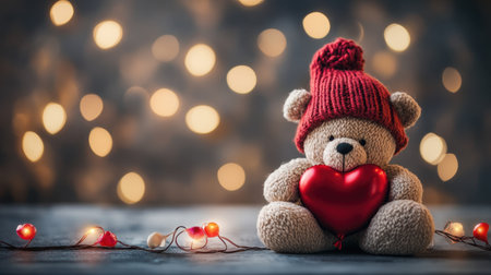 Adorable teddy bear wearing a red hat holds a heart, surrounded by warm Christmas lights. Perfect for capturing love and festive spirit during winter celebrations.の素材